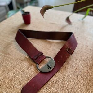 Diesel Burgundy Leather Belt with Round Silver Buckle